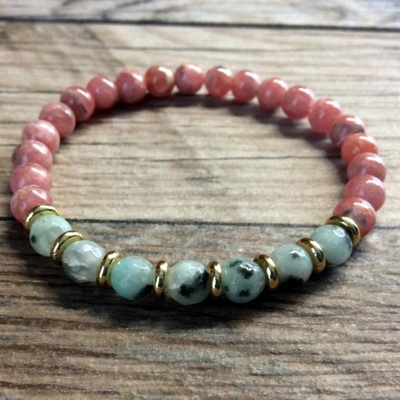Rhodochrosite bracelet with kiwi stone, healing bracelet, pink bracelet - Picture 1 of 10